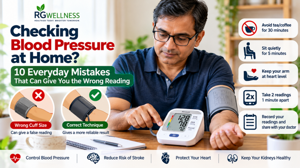 Correct home blood pressure measurement technique using an upper-arm BP monitor.